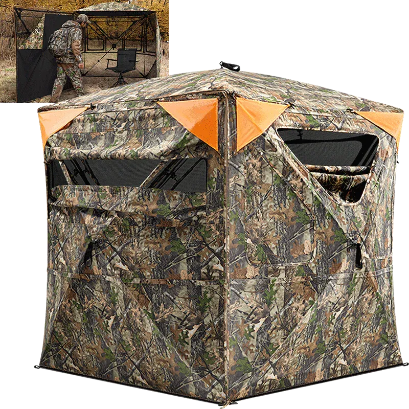 TideWe Vis360 See Through Ground Blind | 360° Camouflage Pop Up Hunting Blind for 2/3/4 Person | Portable Deer Blind with Orange Cover